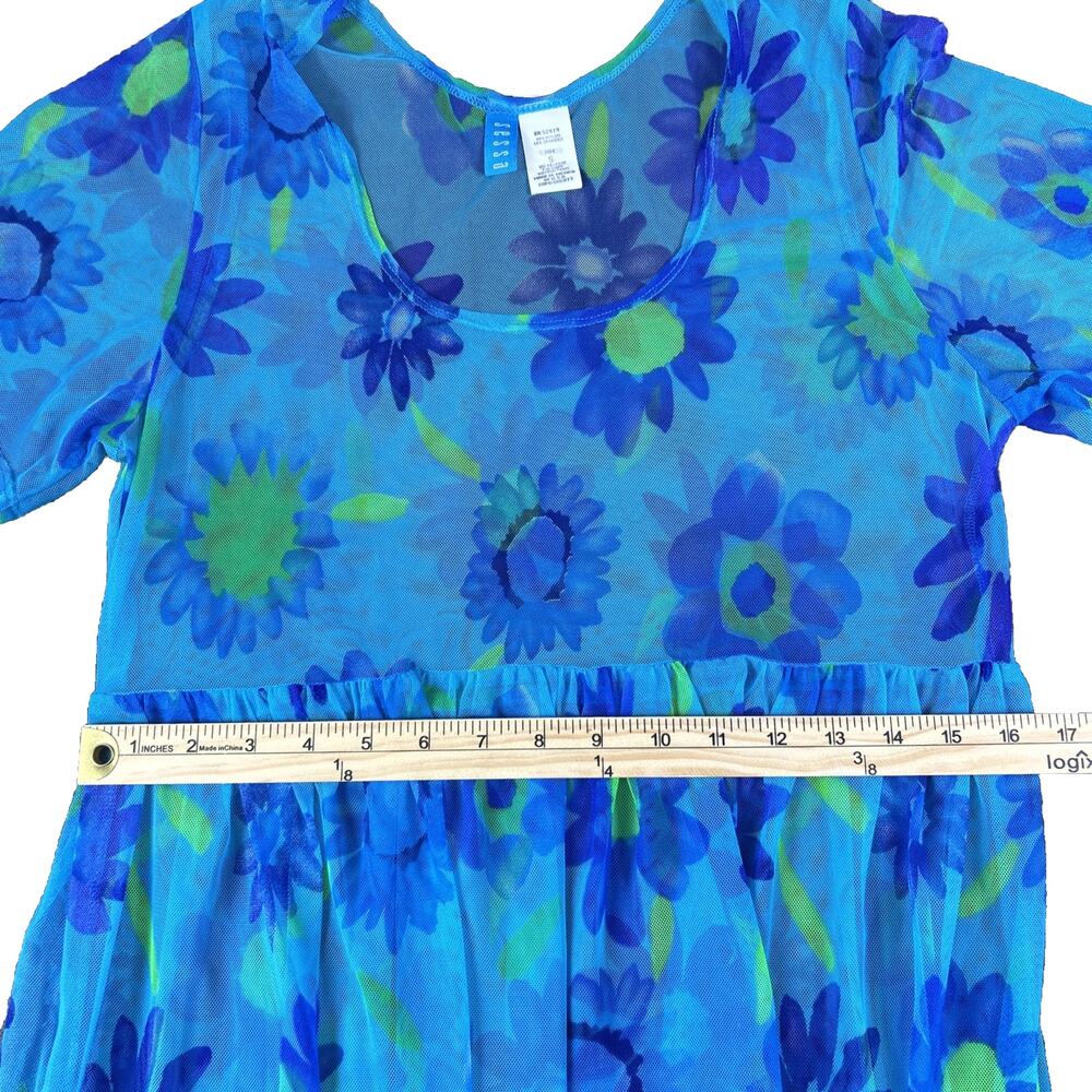 VTG Floral Mesh Sheer Babydoll Dress Electric Blue Green Festival Rave Dopamine - Picture 3 of 3